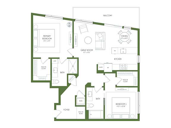 A floor plan of a house with a balcony, two bedrooms, a bathroom, a kitchen, a foyer, and a great room.