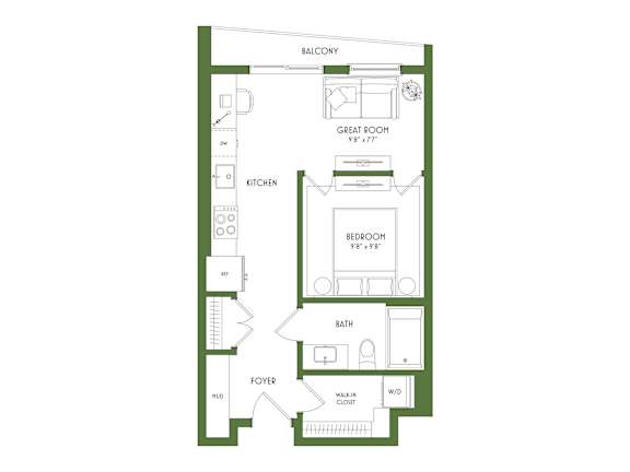 A floor plan of a house with a balcony, great room, kitchen, bedroom, bath, foyer, and walk-in closet.