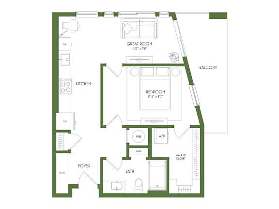 Floor Plan  A floor plan of a house with a Great Room, Balcony, Kitchen, Bedroom, Bath, and Foyers.