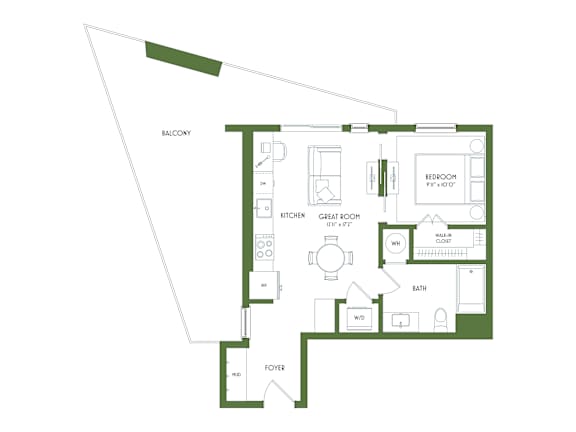 A floor plan of a house with a balcony, foyer, and a bathroom.