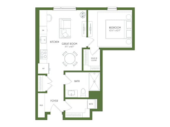 A floor plan of a house with a kitchen, great room, bath, foyer, and bedroom.