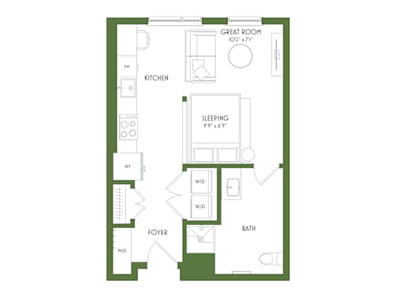 Floor Plan  A floor plan of a small apartment with a kitchen, sleeping area, bathroom, and foyer.