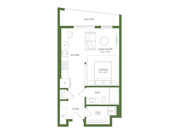 A floor plan of a small apartment with a kitchen, bathroom, sleeping area, and foyer.