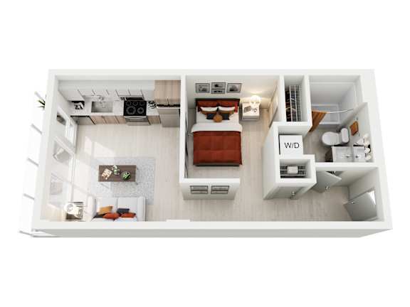 A top-down view of a small, neatly organized apartment with a bed, desk, and kitchenette.