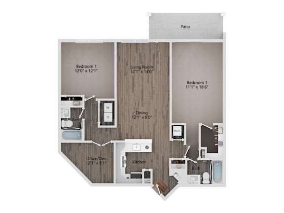 A floor plan of a home with a living room, two bedrooms, a patio, and an office.