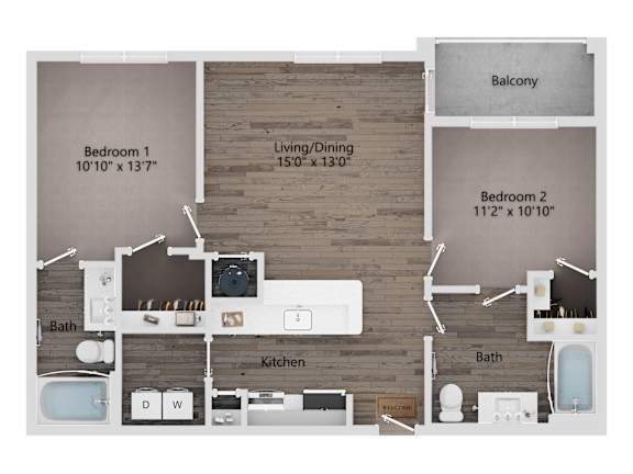 A floor plan of a home with two bedrooms, a living/dining area, a kitchen, and two bathrooms.