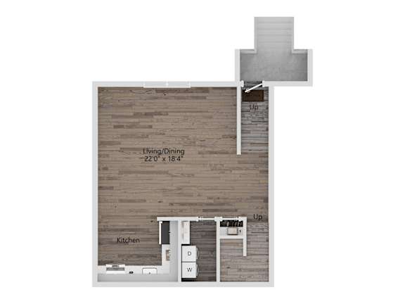 A drawing of a house with a kitchen and dining area.