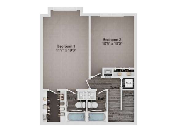 A floor plan of a home with two bedrooms and a bathroom.