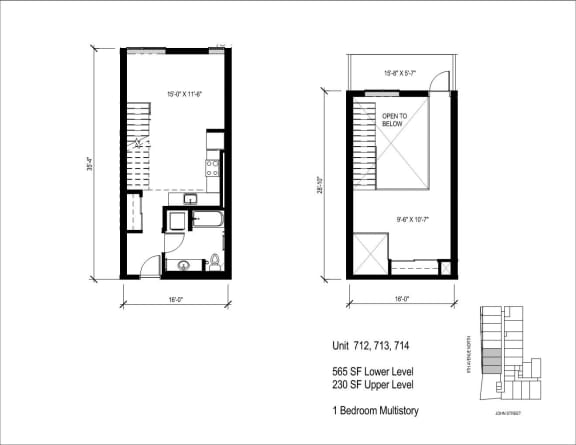 a floor plan of a small house with two different elevations