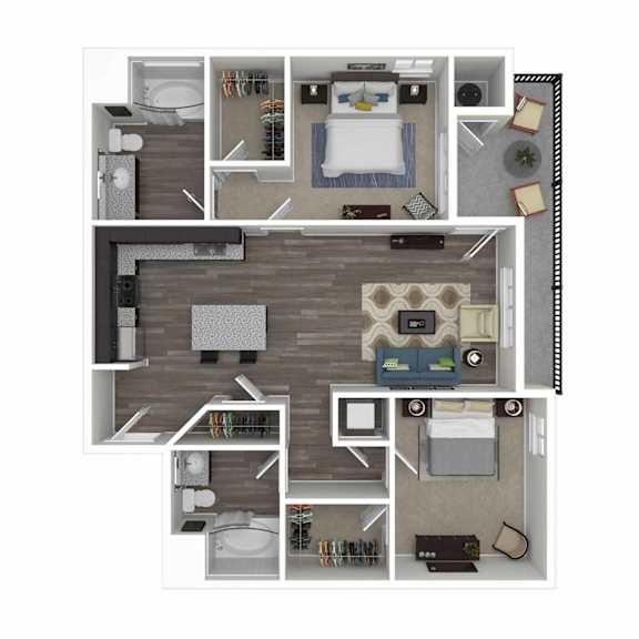 A floor plan of a small apartment with two bedrooms and a living area.