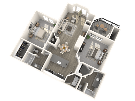 A 3D floor plan of a house with multiple rooms and furniture.