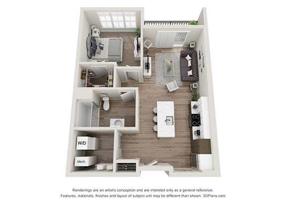 1 bedroom 1 bathroom A1 Floor Plan (Mirror)at Velo Village Apartments, Franklin, WI, 53132