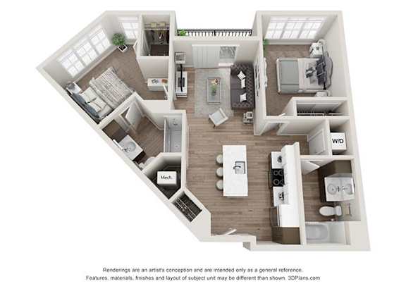 2 bedroom 2 bathroom B3 Floor Plan (Mirror) at Velo Village Apartments, Wisconsin