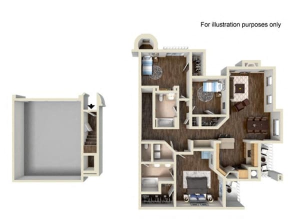Floor Plan  Three bedroom Two bathroom A at RiverEdge Terrace* Apartments, San Diego, California