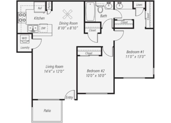 900 sq.ft. Two Bedroom/One Bath Renovated Floor plan, at Park Pointe, El Cajon, CA