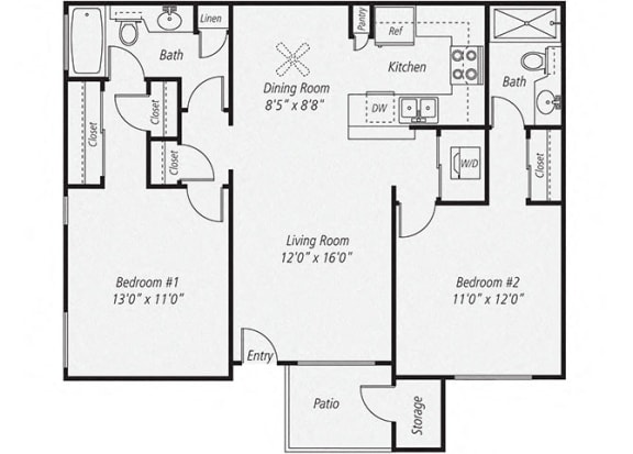 Floor Plan  945 sq.ft. Dual Master Renovated Floor plan, at Park Pointe, 2450 Hilton Head Place, CA