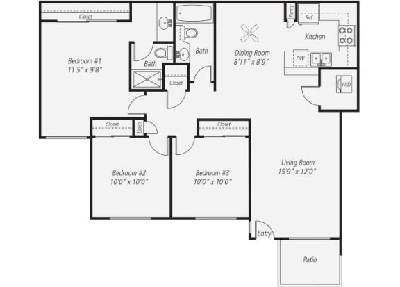 Floor Plan  1095 sq.ft. Three Bedroom Renovated Floor plan, at Park Pointe, El Cajon, California