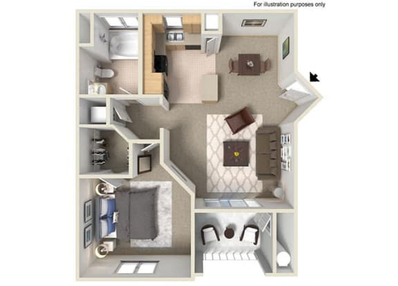 724 sq.ft. A Floor Plan, at Missions at Sunbow Apartments, 5540 Ocean Gate Lane