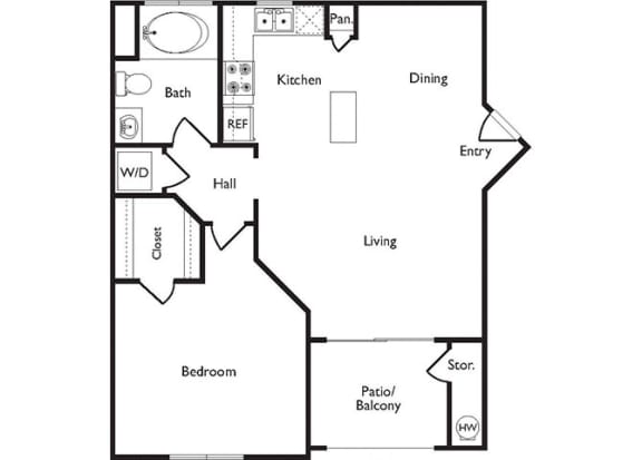 724 sq.ft. A Floor Plan, at Missions at Sunbow Apartments, CA, 91911