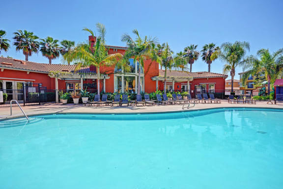 Swimming Pool with Lounge Chairs, at Missions at Sunbow Apartments, CA, 91911
