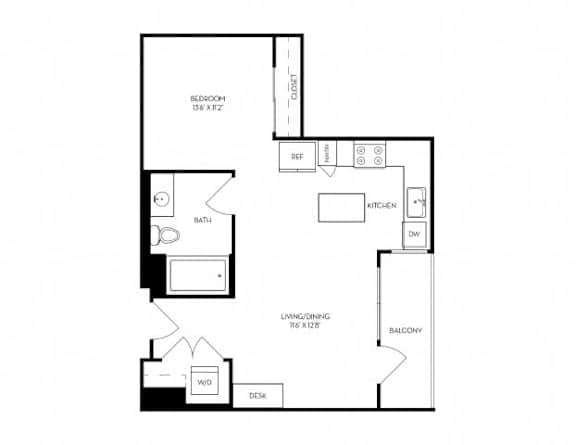 A floor plan of a house with a bedroom, a kitchen, a dining area, and a balcony.