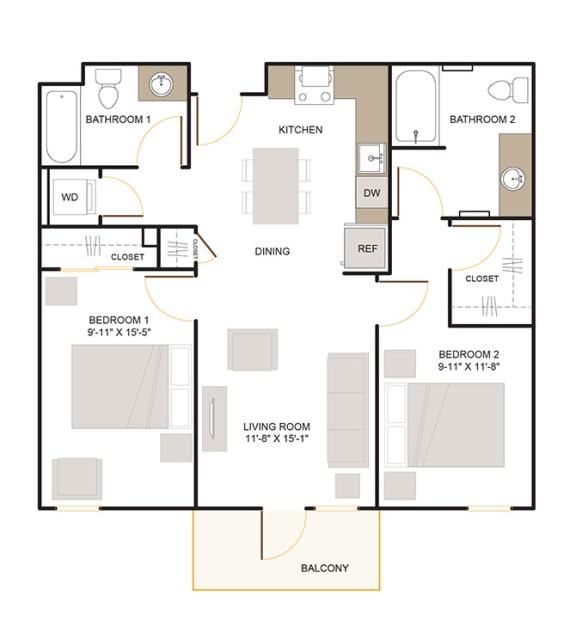 C1 Floor Plan 2 Bed - 2 Bath |980 sq. ft.