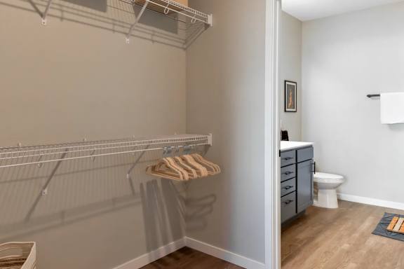 A walk-in closet with a towel hanging on a rod.
