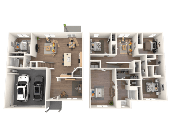 a 3d floor plan of a 3 bedroom apartment