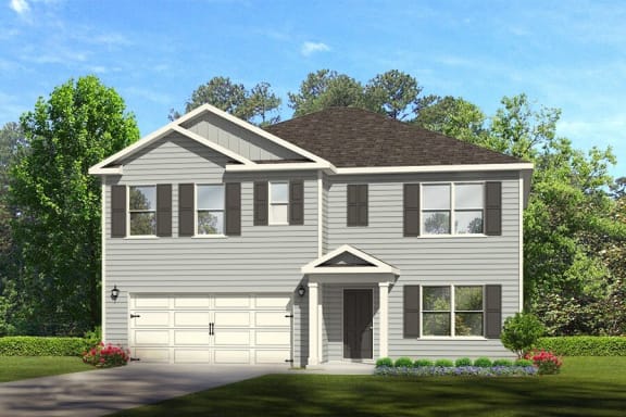 a two story house with a garage and a lawn in front of it