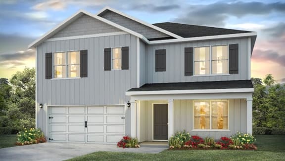 a home with a gray siding and a black garage door