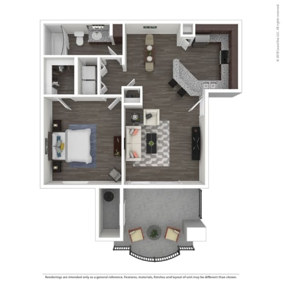 a stylized floor plan of a 1 bedroom apartment at the residences at silver hill in suit