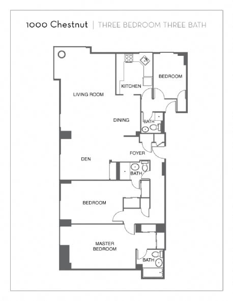 a floor plan of the three bedroom three bath apartment