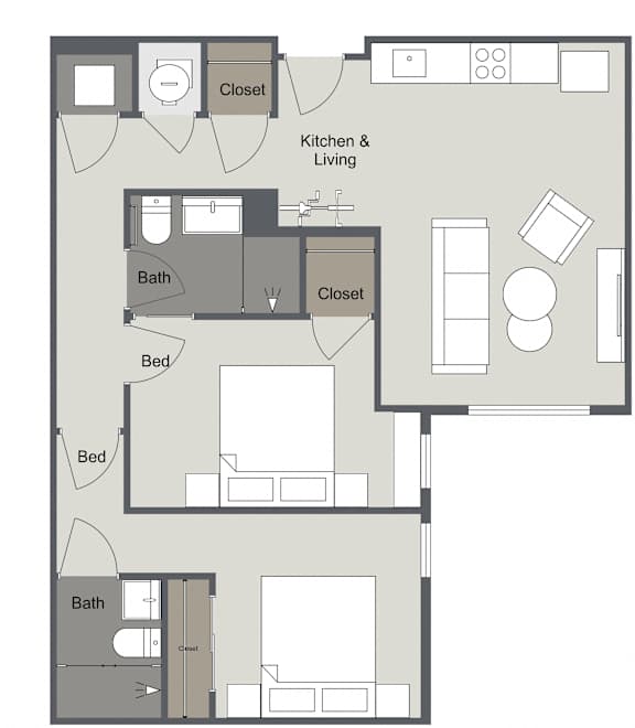 A floor plan of a small apartment with two bedrooms, a kitchen, and a living room.