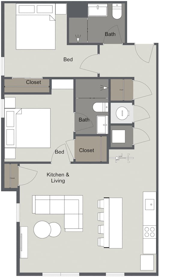 A floor plan of a house with a kitchen, living room, two bedrooms, and two bathrooms.