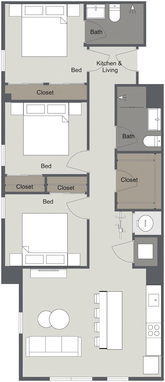 A floor plan of a house with two bedrooms, a kitchen, a living room, and a closet.