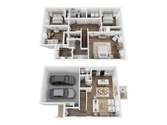 two dimensional floor plans of a house with two bedrooms and a car