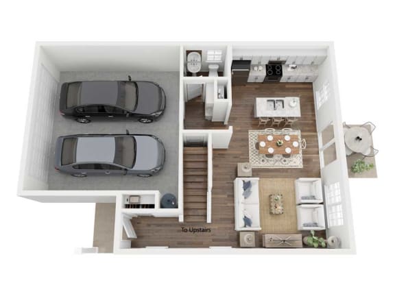 a 2 bedroom floor plan with two cars and a closet