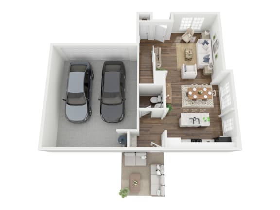 a stylized floor plan with a car and a living room
