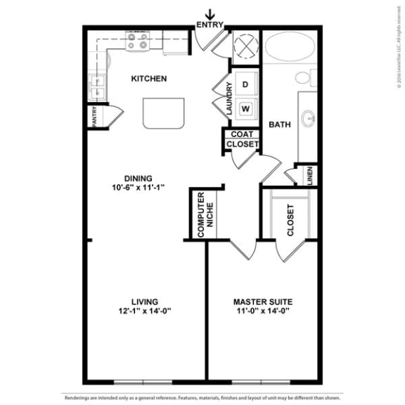 1 bed 1 bath floor plan K at Auxo at Memorial, Texas, 77024