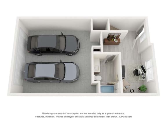 a rendering of a 1 bedroom floor plan with two cars in a garage
