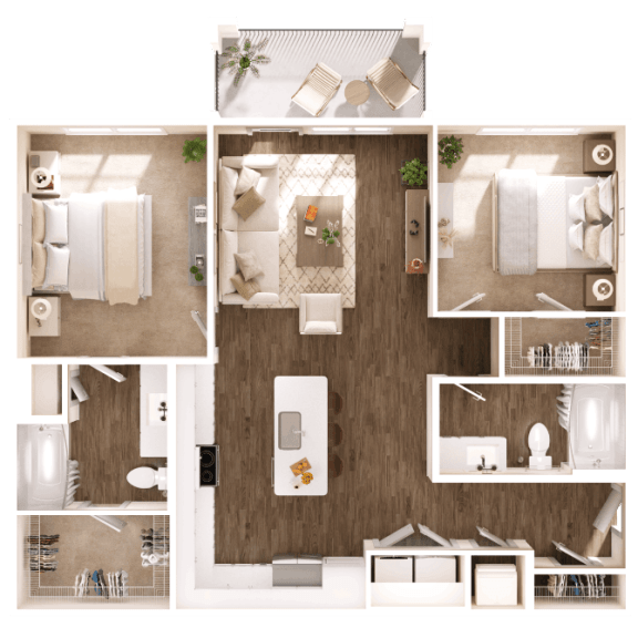 a 3d floor plan of a bedroom with a bathroom and a living room