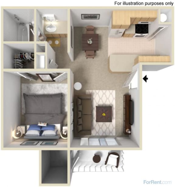 a stylized floor plan with a bedroom and a living room