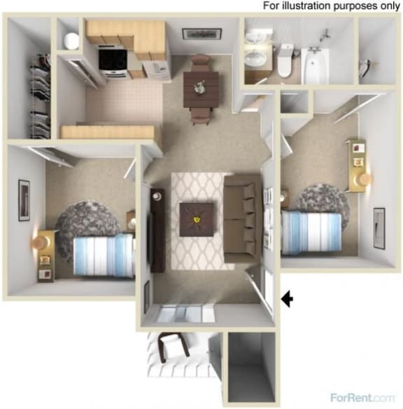 a stylized floor plan with a bedroom and a living room