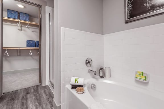 a bathroom with a tub and a shower and a mirror