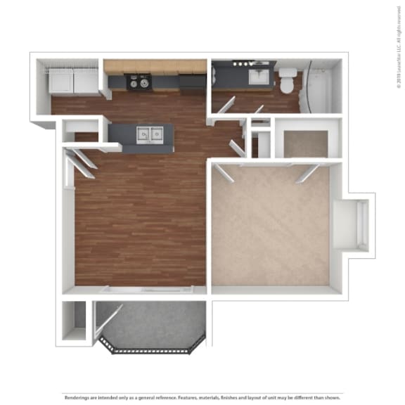 a stylized floor plan with a bedroom and a living room