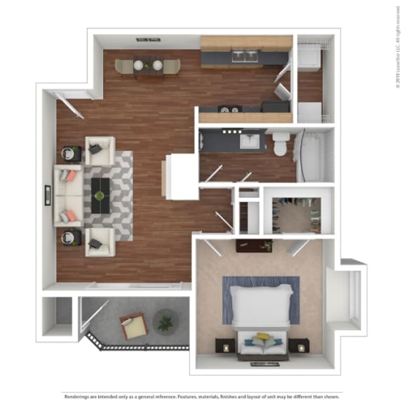 a stylized floor plan with a bedroom and living room