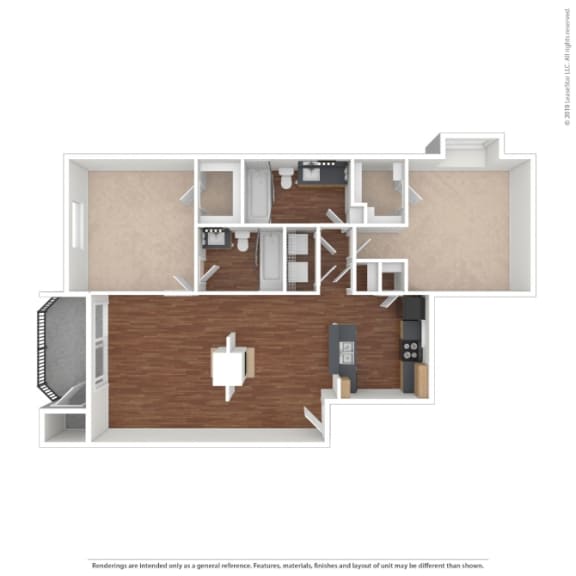 a stylized floor plan with a bedroom and living room