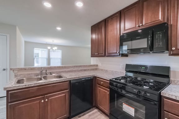 a kitchen with a stove and a sink and a microwave