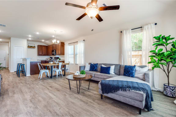 a living room with a couch and a ceiling fan