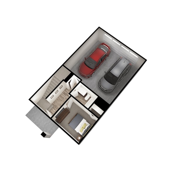 a floor plan of a small house with a red car